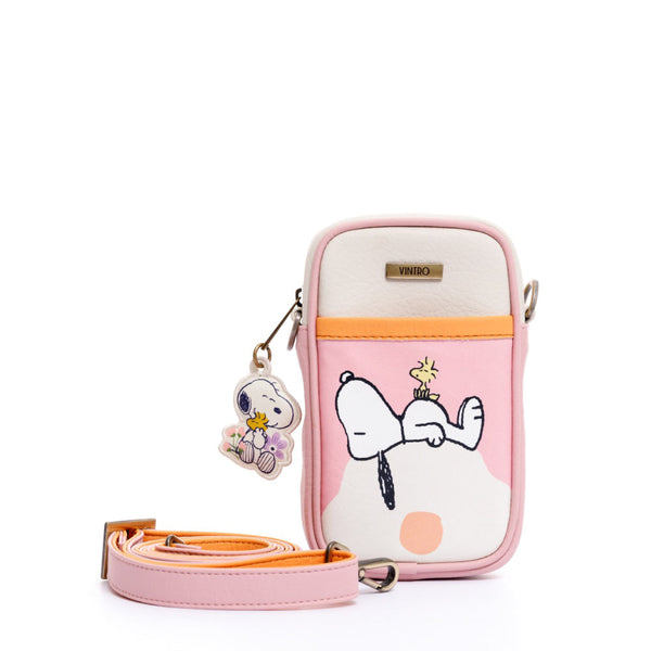 CROSSBODY PARA MUJER PORTUGAL ROSADO SNOOPY EN CUERO VEGANO CON CARGADERA REMOVIBLE