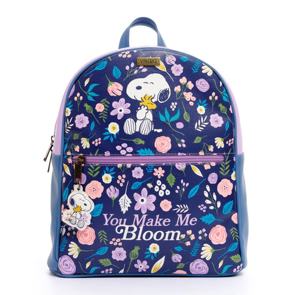 BACKPACK PARA MUJER BASICO FLORES SNOOPY EN CUERO VEGANO CON BOLSILLO POSTERIOR